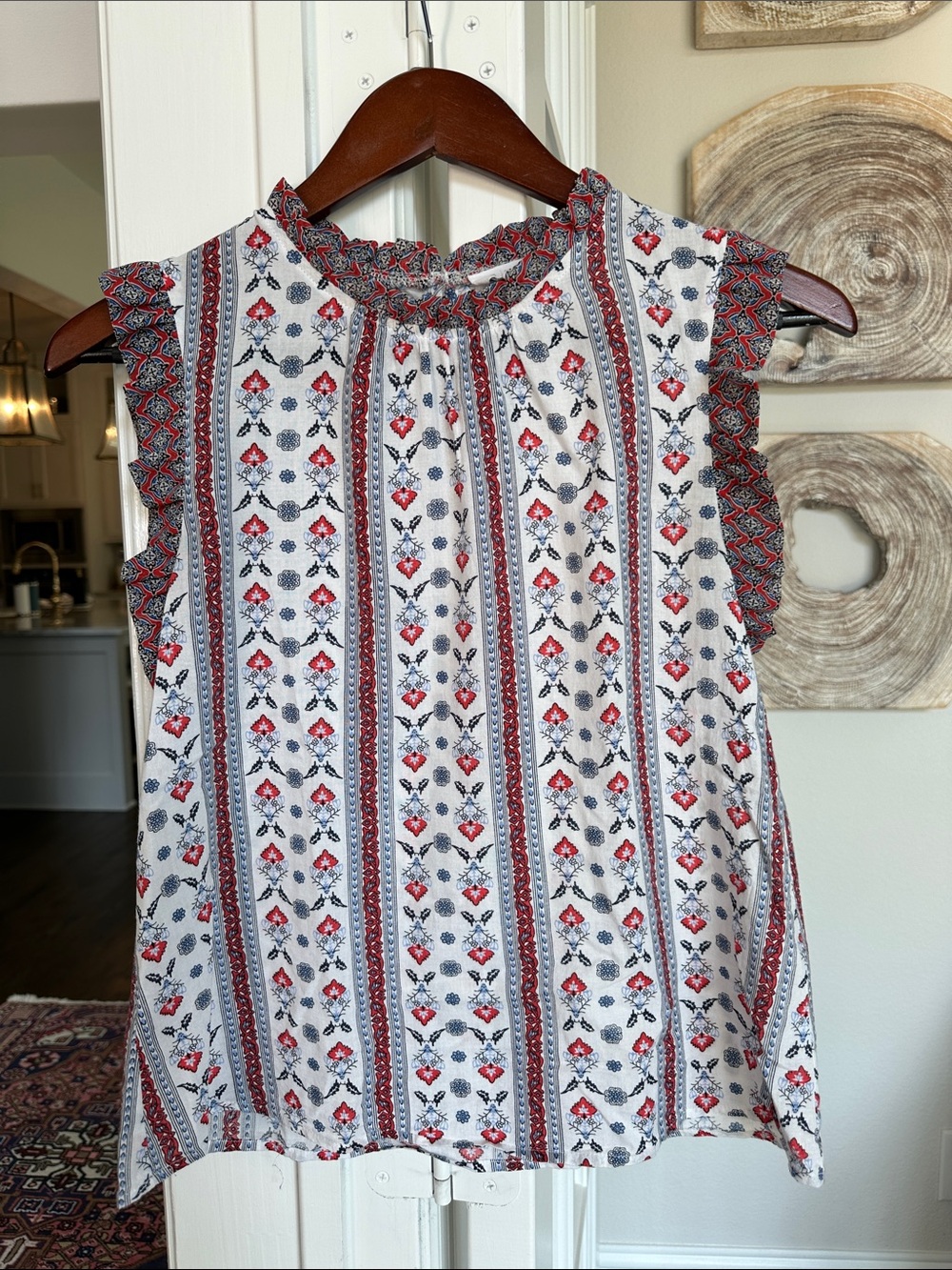 THML White Sleeveless Printed Ruffle Neck Top with Red & Navy Accents